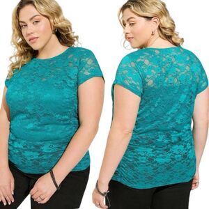 Torrid Aqua Blue/Green Stretch Lace Crew Neck Cinch Side Tee Size 3 3XL NWT